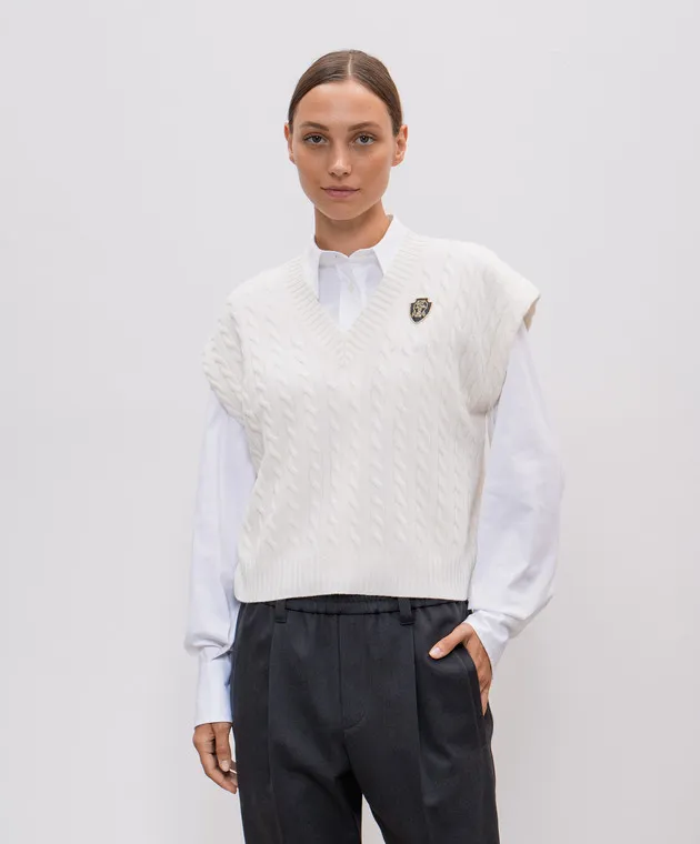 Brunello Cucinelli White cashmere vest with logo patch